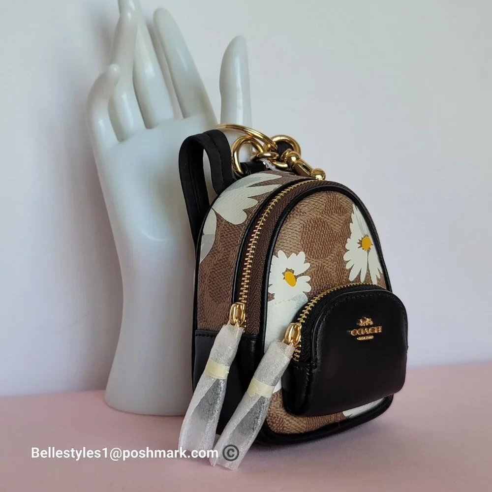 COACH Mini Court Backpack Bag Charm In Signature Canvas With Floral Print-Tan🎈⭐ - Picture 6 of 16